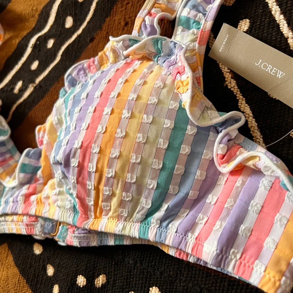 Ruffle french bikini top in rainbow seersucker - Picture 4 of 9